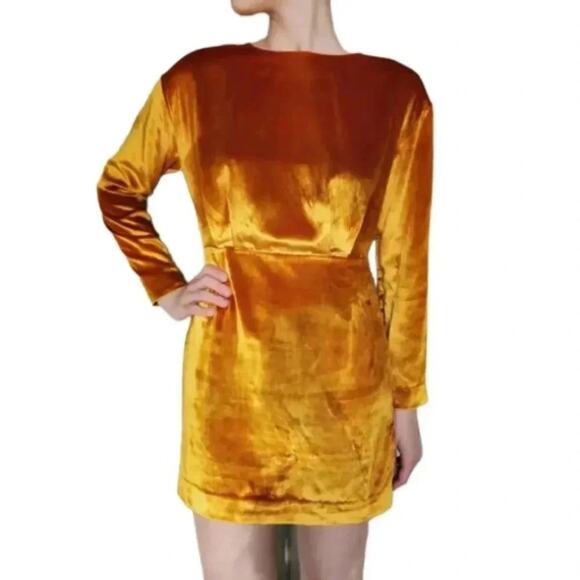 & Other Stories Golden Yellow Velvet Mini Dress Open Back Size 4 - Picture 1 of 11